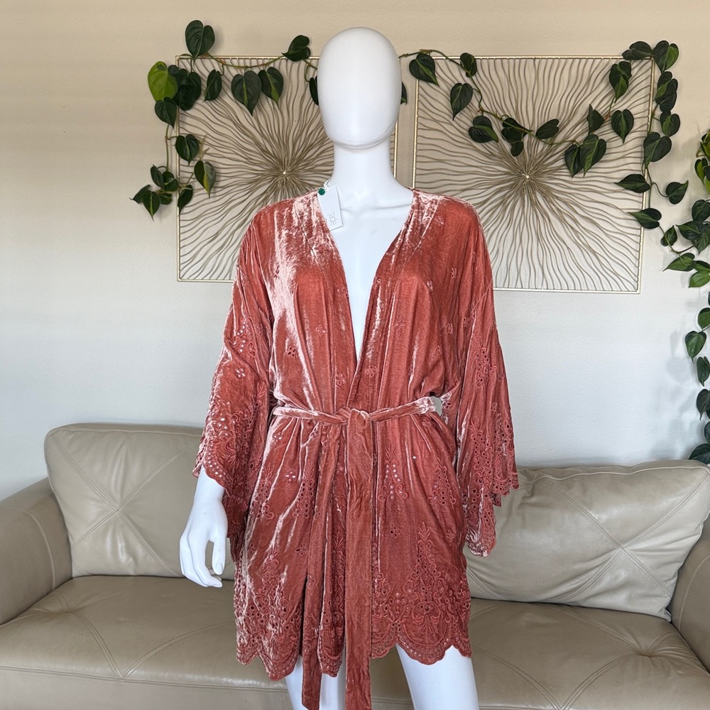 Johnny Was New Velvet Lace Kimono in Rust/ Salmon color Size L
